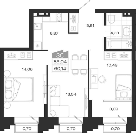 Планировка 3е-к.кв 58.42 м² в ЖК «Ясный Берег»