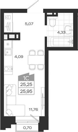 Планировка студия 25.25 м² в ЖК «Ясный Берег»