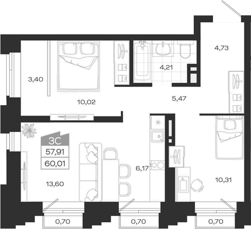 Планировка 3е-к.кв 58.31 м² в ЖК «Ясный Берег»