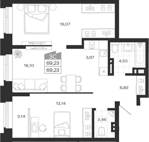 Планировка 3е-к.кв 69.23 м² в ЖК «Ясный Берег»