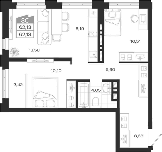 Планировка 3е-к.кв 63.00 м² в ЖК «Ясный Берег»
