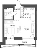 Планировка 2е-к. квартира 34.29 м² в ЖК «Русское солнце»