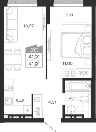Планировка 2е-к. квартира 41.91 м² в ЖК «Ясный Берег»