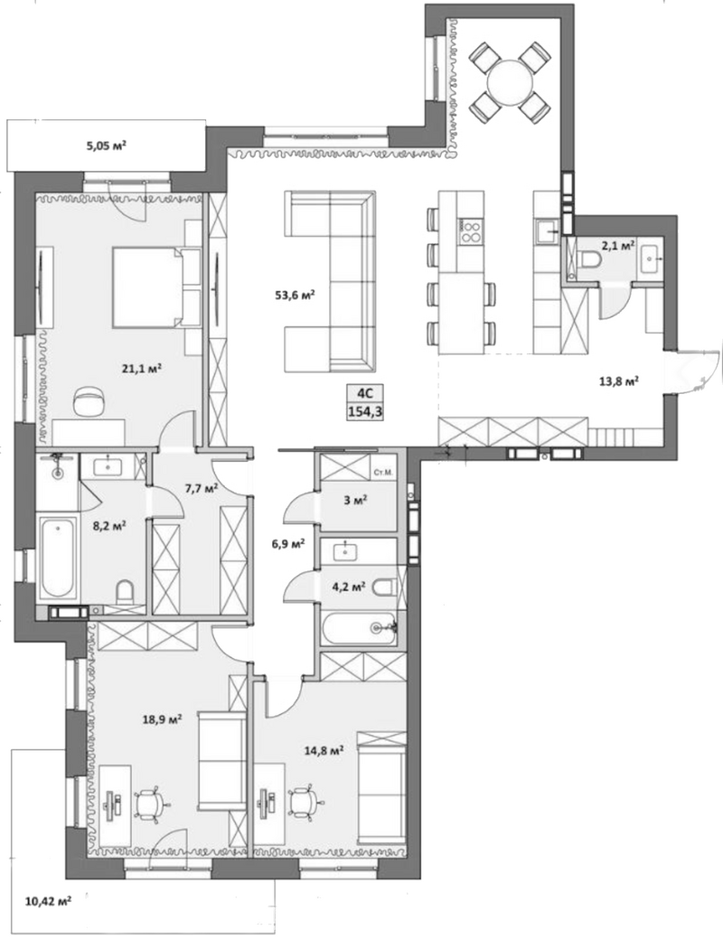 Планировка 4е-к.кв 156.39 м² в ЖК «Жуковка»