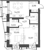 Планировка 2-к. квартира 52.04 м² в ЖК «Русское солнце»