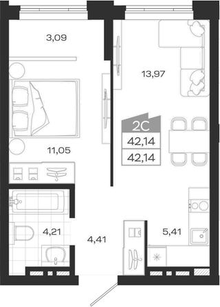 Планировка 2е-к. квартира 41.90 м² в ЖК «Ясный Берег»