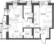 Планировка 3е-к. квартира 59.77 м² в ЖК «Русское солнце»