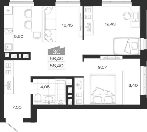 Планировка 3е-к. квартира 58.40 м² в ЖК «Ясный Берег»