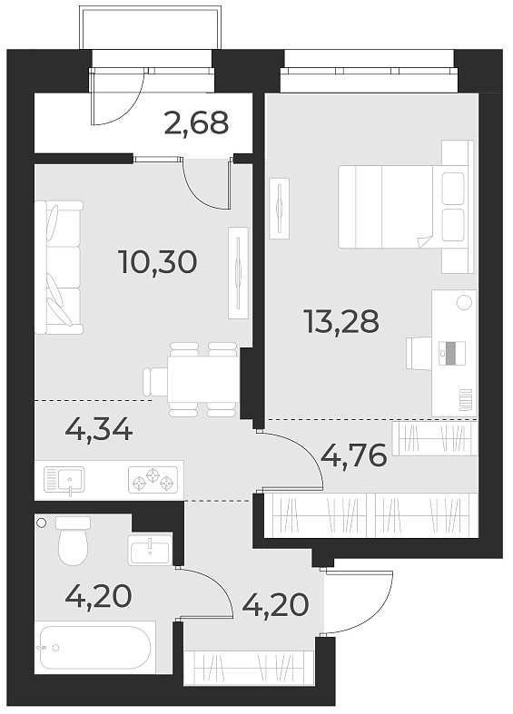 Планировка 2е-к.кв 41.10 м² в ЖК «Русское солнце»