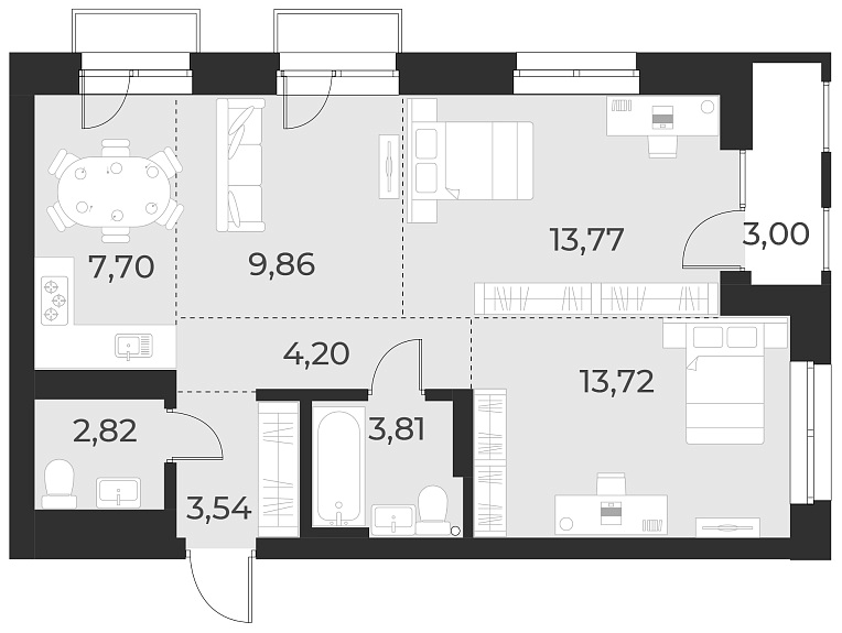 Планировка 3е-к. квартира 59.40 м² в ЖК «Русское солнце»