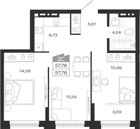Планировка 3е-к.кв 58.28 м² в ЖК «Ясный Берег»
