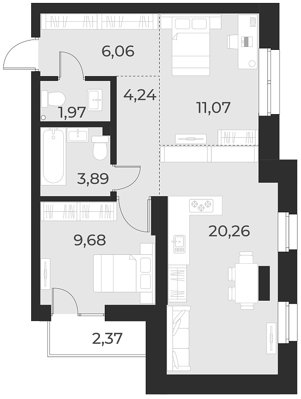 Планировка 2-к. квартира 57.20 м² в ЖК «Русское солнце»