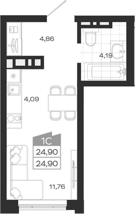 Планировка студия 25.25 м² в ЖК «Ясный Берег»