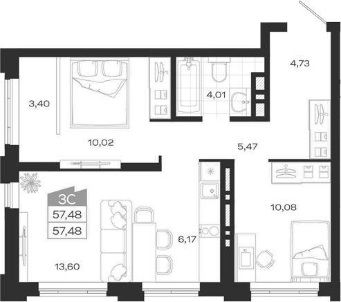 Планировка 3е-к.кв 58.31 м² в ЖК «Ясный Берег»