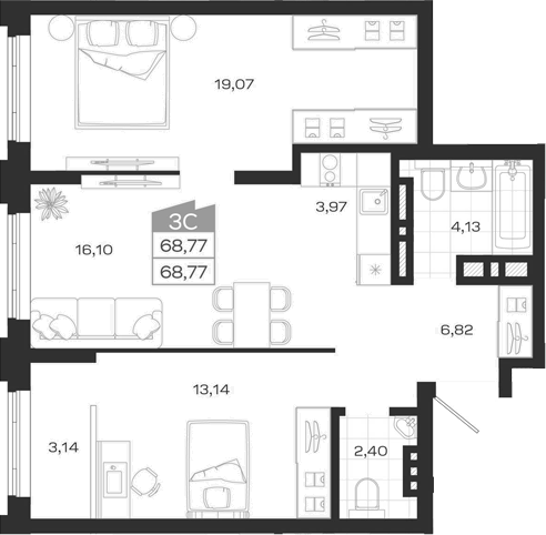 Планировка 3е-к.кв 69.23 м² в ЖК «Ясный Берег»