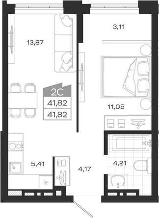 Планировка 2е-к.кв 41.82 м² в ЖК «Ясный Берег»