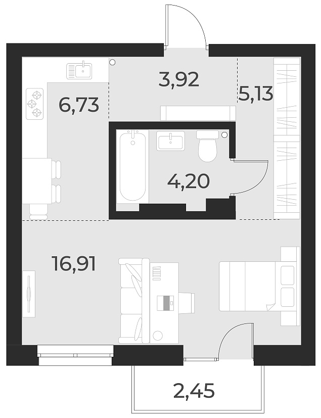 Планировка студии 36.90 м² в ЖК «Русское солнце»