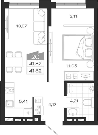 Планировка 2е-к.кв 41.82 м² в ЖК «Ясный Берег»