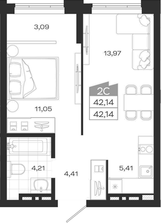 Планировка 2е-к.кв 42.14 м² в ЖК «Ясный Берег»