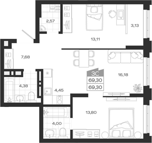 Планировка 3е-к.кв 69.30 м² в ЖК «Ясный Берег»