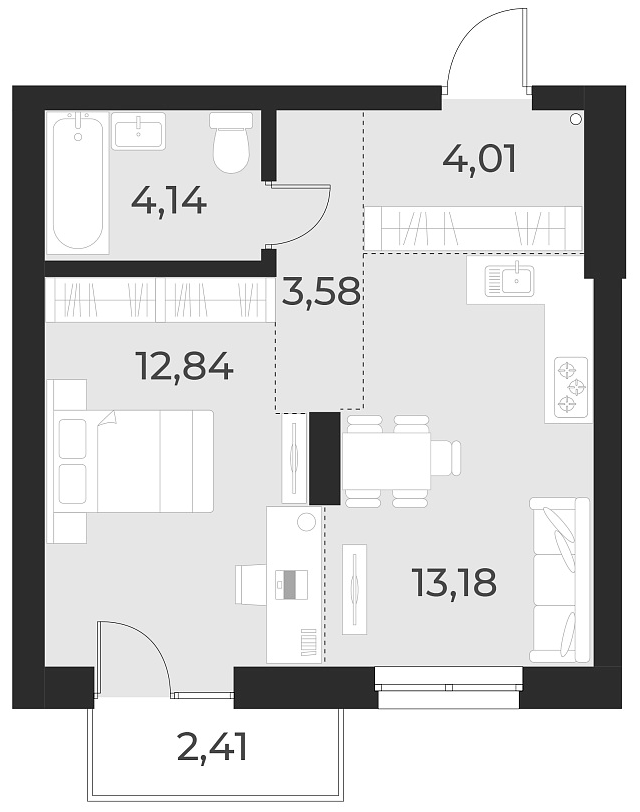 Планировка 1-к. квартира 37.80 м² в ЖК «Русское солнце»