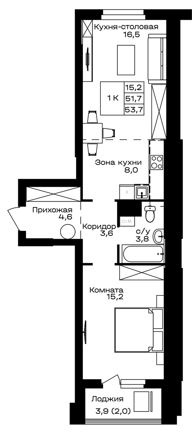 Планировка своб. план. 53.70 м² в ЖК «Первогорье. Майма»