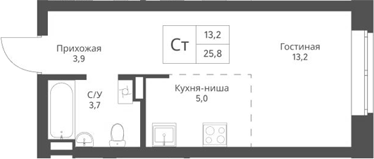 Планировка студии 25.80 м² в ЖК «Экоград 12 дворов»