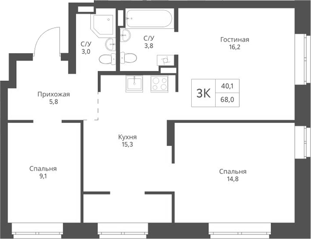 Планировка 3-к.кв 68.00 м² в ЖК «Экоград 12 дворов»