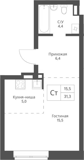 Планировка студии 31.30 м² в ЖК «Экоград 12 дворов»