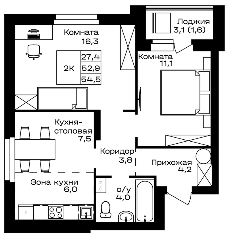 Планировка своб. план. 54.50 м² в ЖК «Первогорье. Майма»