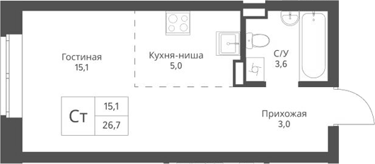 Планировка студии 26.70 м² в ЖК «Экоград 12 дворов»
