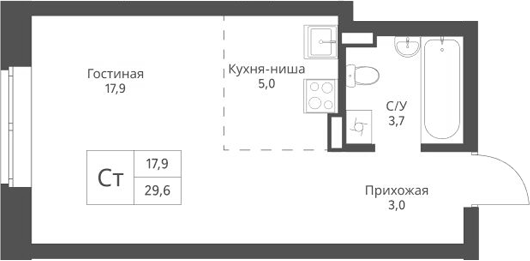 Планировка студии 29.60 м² в ЖК «Экоград 12 дворов»