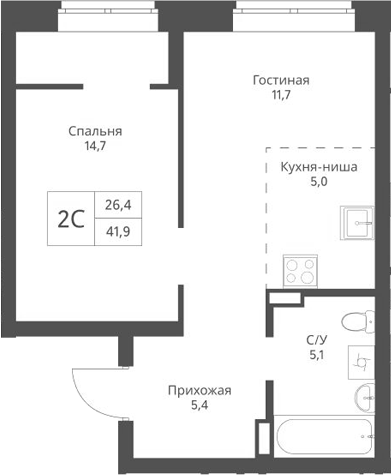 Планировка 2е-к.кв 41.90 м² в ЖК «Экоград 12 дворов»