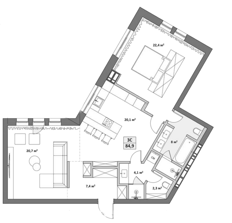 Планировка 3е-к.кв 84.90 м² в ЖК «Жуковка»