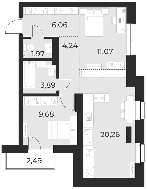 Планировка 2-к. квартира 57.20 м² в ЖК «Русское солнце»