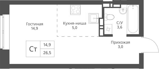 Планировка студии 26.50 м² в ЖК «Экоград 12 дворов»