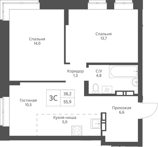 Планировка 3е-к.кв 55.90 м² в ЖК «Экоград 12 дворов»