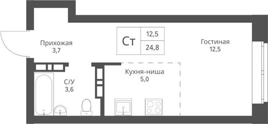 Планировка студии 24.80 м² в ЖК «Экоград 12 дворов»
