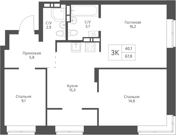Планировка 3-к.кв 67.80 м² в ЖК «Экоград 12 дворов»