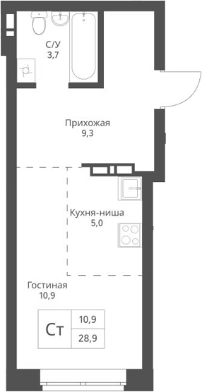 Планировка студии 28.90 м² в ЖК «Экоград 12 дворов»