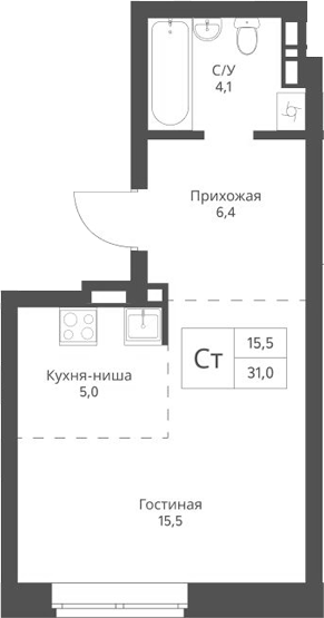 Планировка студии 31.00 м² в ЖК «Экоград 12 дворов»