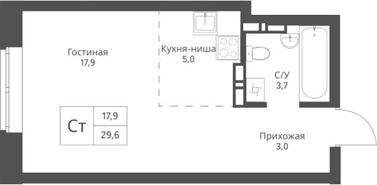 Планировка студии 29.60 м² в ЖК «Экоград 12 дворов»
