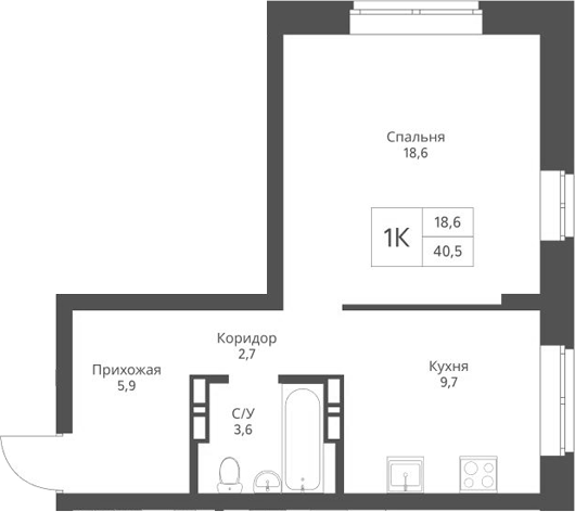 Планировка 1-к.кв 40.50 м² в ЖК «Экоград 12 дворов»