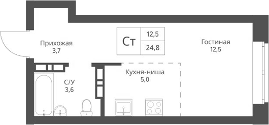 Планировка студии 24.80 м² в ЖК «Экоград 12 дворов»