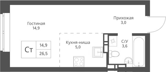 Планировка студии 26.50 м² в ЖК «Экоград 12 дворов»