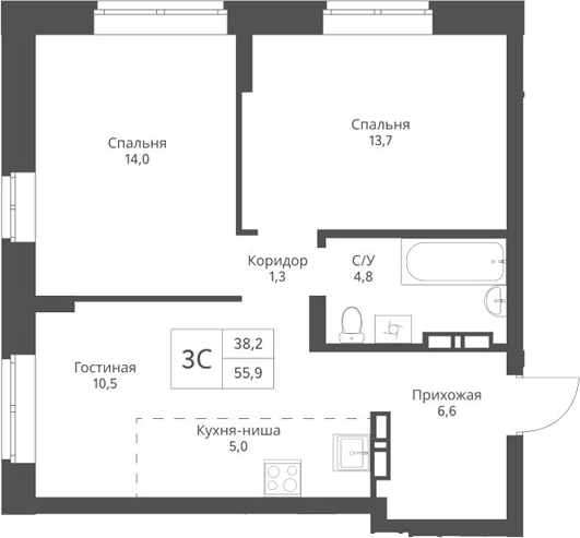 Планировка 3е-к.кв 55.90 м² в ЖК «Экоград 12 дворов»