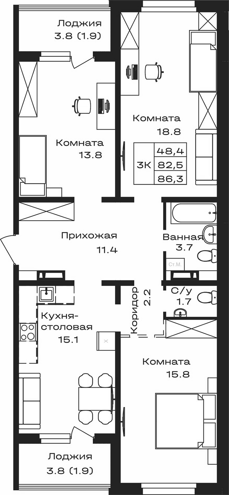 Планировка своб. план. 86.30 м² в ЖК «Первогорье. Майма»