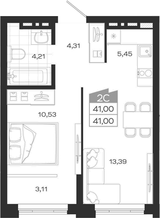 Планировка 2е-к.кв 41.00 м² в ЖК «Ясный Берег»