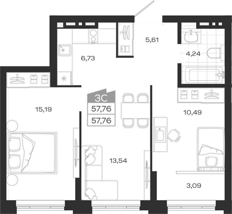 Планировка 3е-к.кв 59.27 м² в ЖК «Ясный Берег»