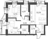 Планировка 3е-к. квартира 58.81 м² в ЖК «Русское солнце»